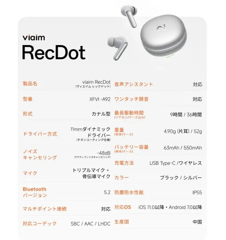 文字でリアルタイム翻訳が可能なAIイヤホン・レコーダー「viaim RecDot