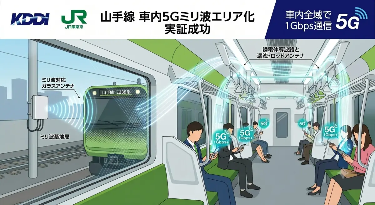 KDDIとJR東日本、山手線車内で5Gミリ波をエリア化する実証に成功。車内